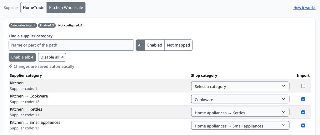 The Categories screen in PIMPORT: a sample supplier’s categories mapped to store categories