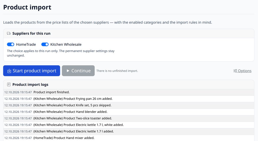 PIMPORT import log: the sample feed’s products are added, the knife set without photos is skipped